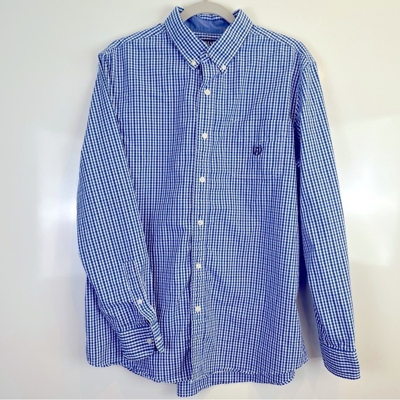 2/$30 Men's Chaps Blue Button Up Plaid Checkered Shirt - Picture 1 of 5